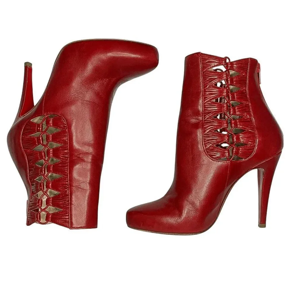Christian Louboutin Aziboot 100 Red Leather Cutout Ankle Boots Size 37 EU 7 US